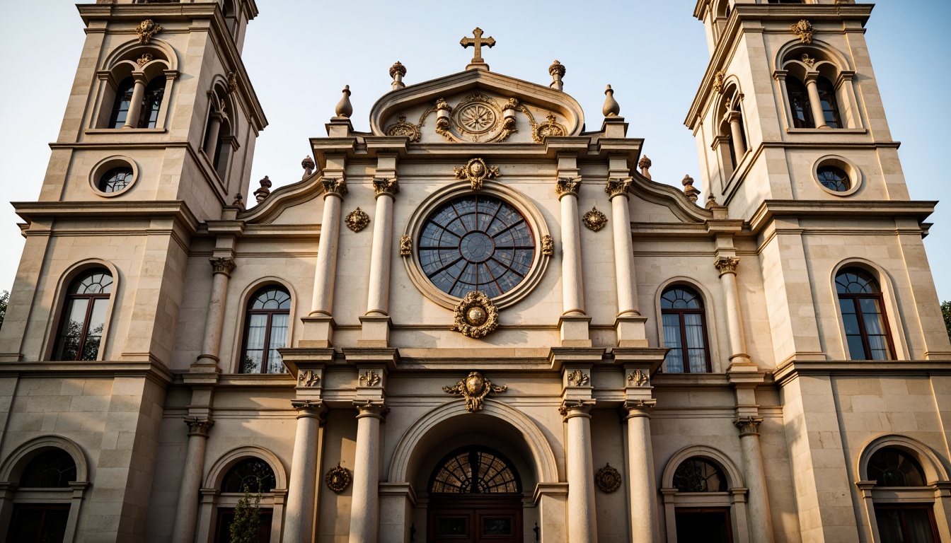 Prompt: Grandiose church facade, ornate stone carvings, symmetrical composition, soaring bell towers, intricate stained glass windows, majestic entrance archways, rusticated quoins, Corinthian columns, decorative pilasters, ornamental pediments, subtle weathered stone textures, warm golden lighting, soft focus, shallow depth of field, 2/3 composition, realistic architectural details, ambient occlusion.