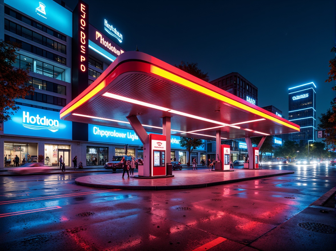 Prompt: Vibrant gas station, bold color scheme, neon lights, futuristic architecture, sleek metal canopies, modern fuel pumps, LED signage, dynamic angular lines, high-contrast colors, electric blue accents, bright yellow highlights, deep red tones, urban cityscape, busy streets, morning sunlight, shallow depth of field, 1/1 composition, realistic textures, ambient occlusion.