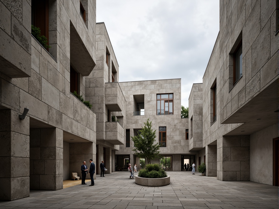 Prompt: Rough-hewn concrete walls, rugged stone facades, brutalist community center, angular geometric shapes, fortress-like structures, raw industrial materials, exposed ductwork, minimalist interior design, functional spaces, natural light pouring in, urban cityscape backdrop, overcast skies, dramatic shadows, high-contrast lighting, 1/1 composition, symmetrical framing, gritty realistic textures, ambient occlusion.