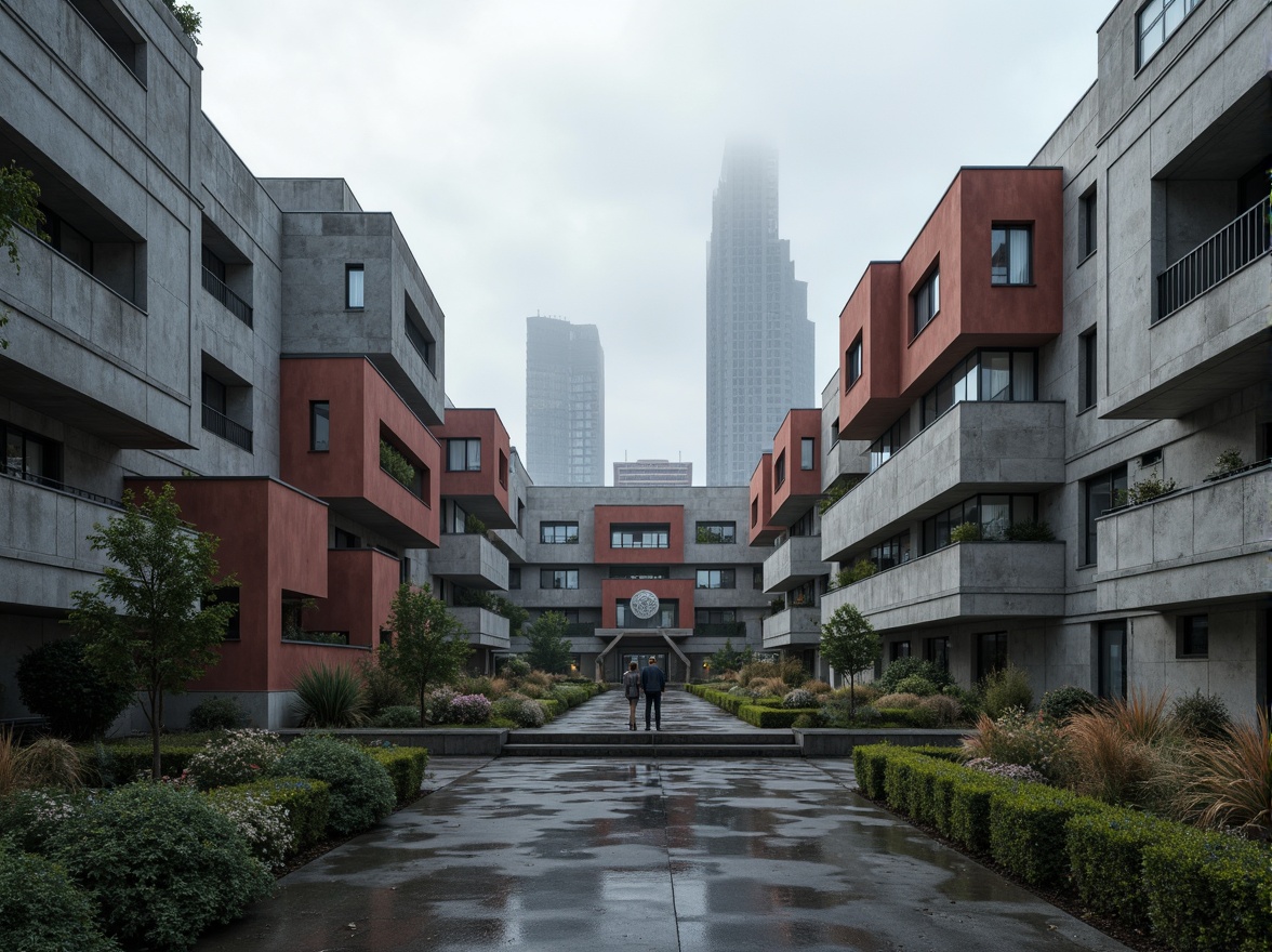 Prompt: Rugged university campus, brutalist architecture, raw concrete facades, fortress-like buildings, geometric shapes, industrial materials, metallic accents, bold color schemes, abstract sculptures, urban landscape, overcast skies, dramatic shadows, high-contrast lighting, cinematic composition, 1/2 frame ratio, atmospheric fog, realistic textures, ambient occlusion.