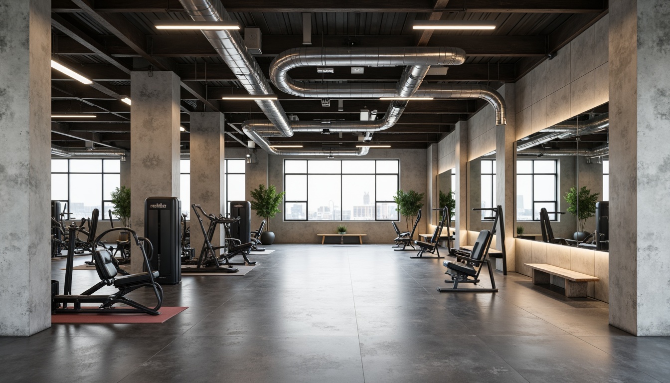 Prompt: Minimalist gym interior, industrial-style flooring, exposed ductwork, concrete walls, steel beams, functional lighting, sleek equipment stations, mirrored walls, polished metal accents, modern fitness machines, free weights area, yoga mats, wooden benches, natural stone accents, abundant natural light, high ceilings, open spaces, 1/1 composition, softbox lighting, realistic textures, ambient occlusion.