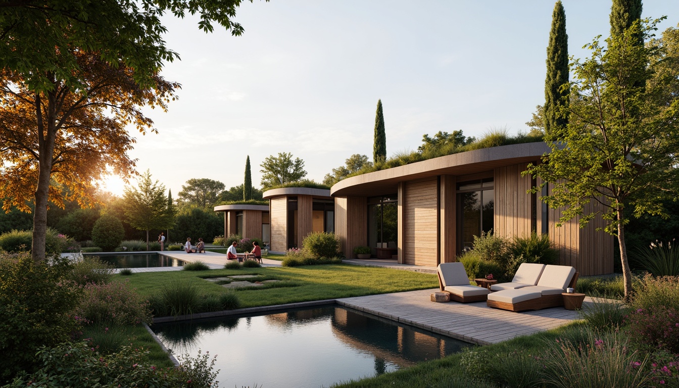 Prompt: Sleek modern villas, lush green roofs, natural stone walls, curved lines, minimalist design, vibrant flowers, tall trees, serene water features, wooden decks, outdoor seating areas, ambient lighting, warm sunset, shallow depth of field, 3/4 composition, panoramic view, realistic textures, soft focus, natural materials, eco-friendly solutions.