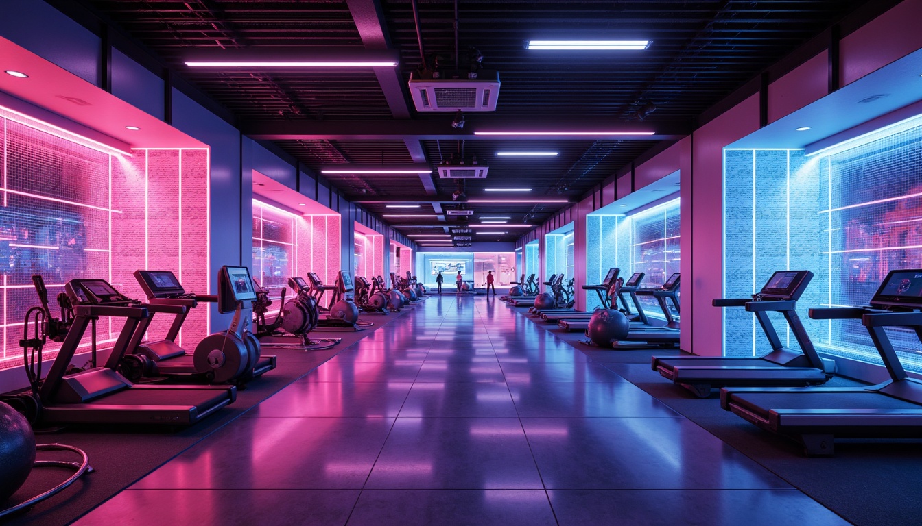 Prompt: Neon-lit fitness club, metallic surfaces, glossy floors, LED light installations, futuristic equipment, sleek machines, high-tech gadgets, virtual reality zones, holographic displays, iridescent color schemes, mirror-finish accents, polished chrome details, rubberized flooring, athletic tracks, minimalist decor, ambient lighting, shallow depth of field, 1/1 composition, cinematic view, realistic reflections, advanced materials, innovative textiles.