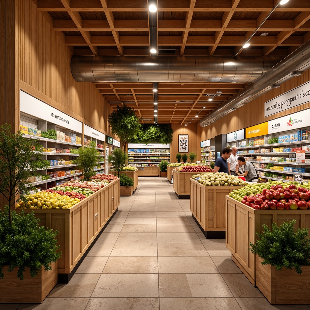 Prompt: Vibrant grocery store interior, warm beige walls, rich wood accents, fresh greenery, natural stone flooring, earthy terracotta tiles, bright LED lighting, colorful product displays, modern shelving units, sleek metal fixtures, bold signage, lively orange and yellow hues, calming blue tones, inviting atmosphere, shallow depth of field, 1/1 composition, realistic textures, ambient occlusion.