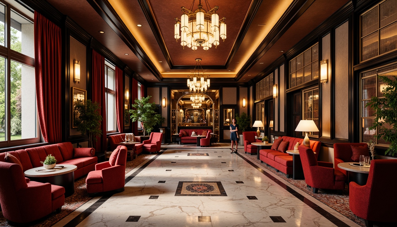 Prompt: Luxurious Art Deco interior, rich velvet fabrics, metallic accents, ornate mirrors, polished marble floors, geometric patterns, bold color schemes, opulent chandeliers, lavish furnishings, intricate moldings, glamorous metallic leafing, sophisticated ambient lighting, 3/4 composition, shallow depth of field, realistic textures, ambient occlusion.