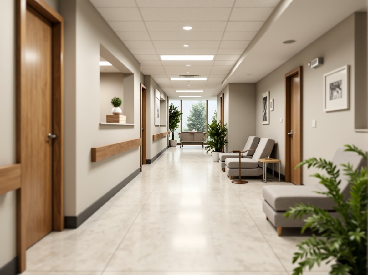 Prompt: Clean hospital corridors, minimalist decor, neutral color palette, natural light, sleek metal handrails, wooden accents, simple furniture, comfortable patient rooms, soft cushioned chairs, calm atmosphere, subtle textures, ambient lighting, shallow depth of field, 1/1 composition, realistic render, modern medical equipment, stainless steel surfaces, sterile environments, peaceful waiting areas, green plants, warm beige tones, gentle color transitions.