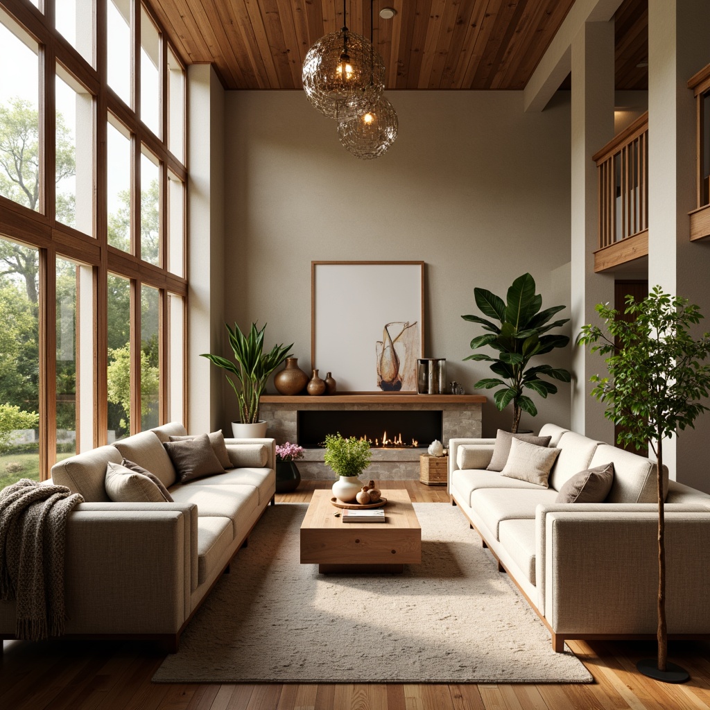 Prompt: Cozy living room, plush sofas, warm beige walls, rich wood flooring, modern minimalist decor, floor-to-ceiling windows, natural light pouring in, comfortable reading nooks, soft warm lighting, textured throw blankets, vibrant greenery, elegant chandeliers, sleek coffee tables, functional storage solutions, ergonomic furniture design, calming color palette, inviting atmosphere, 1/1 composition, shallow depth of field, realistic textures.