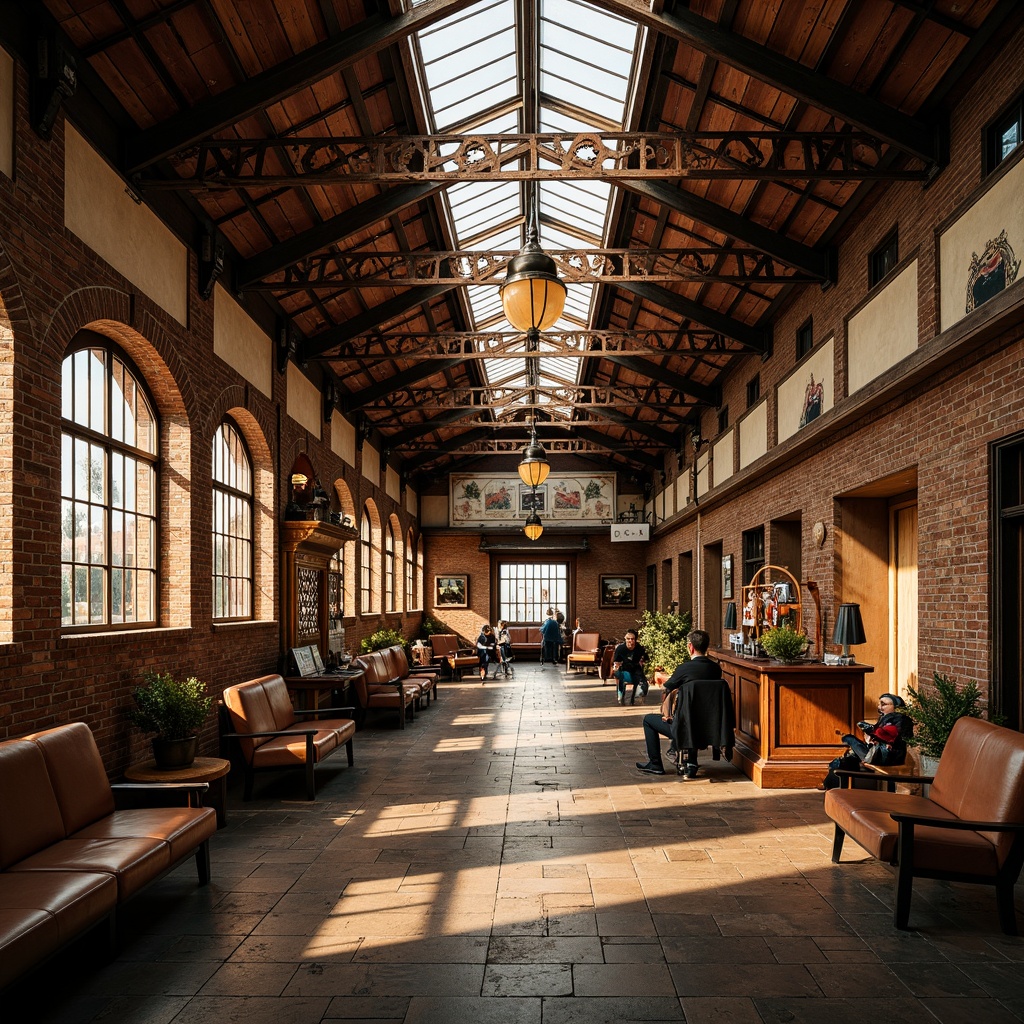 Prompt: Vintage train station, eclectic mix of materials, exposed brick walls, rusty metal beams, reclaimed wood accents, ornate ironwork, stained glass ceilings, intricate tile mosaics, distressed leather benches, antique luggage racks, industrial-style lighting fixtures, warm golden lighting, shallow depth of field, 1/1 composition, realistic textures, ambient occlusion.