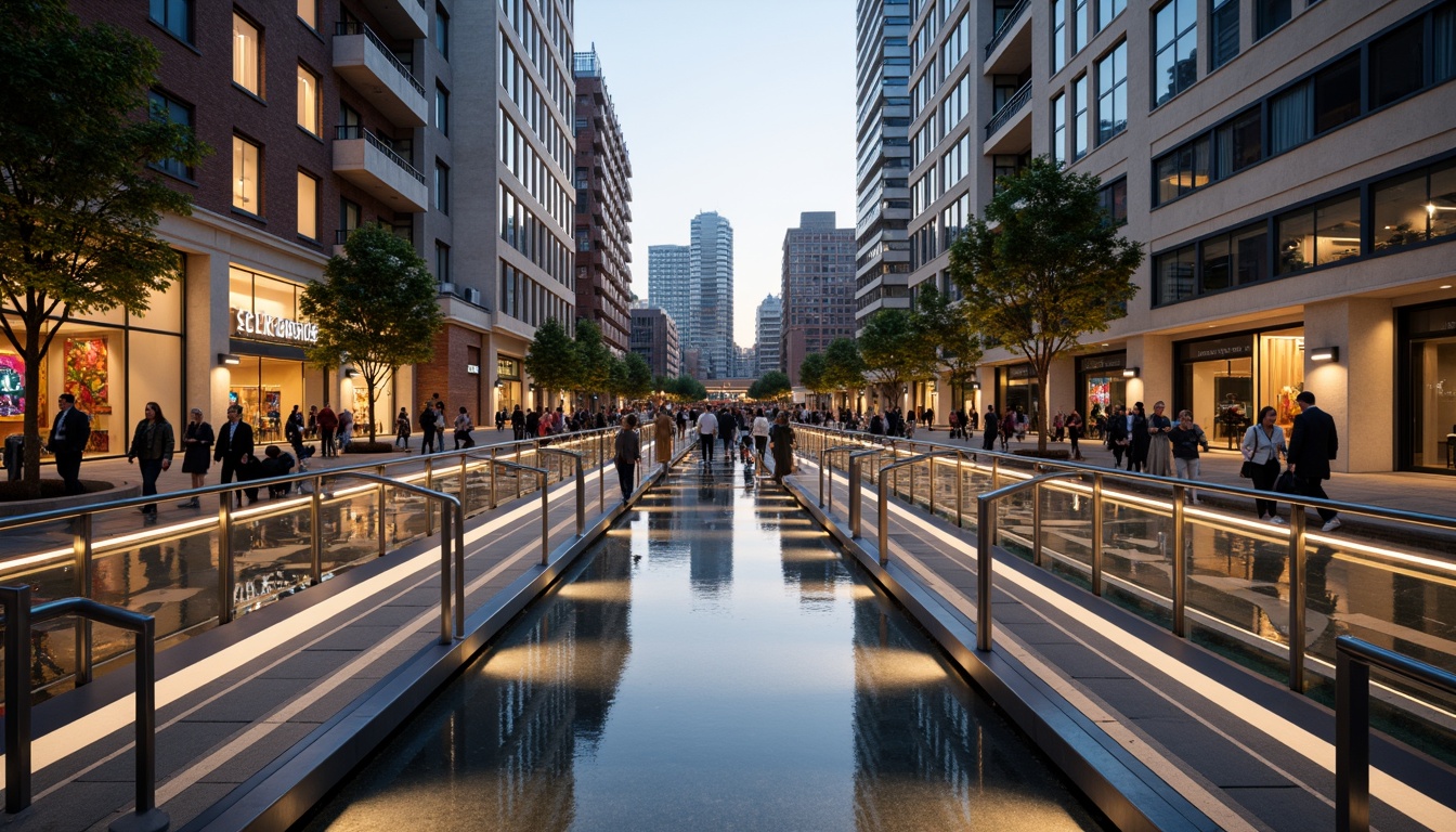 Prompt: Futuristic pedestrian bridge, sleek metal railings, translucent glass floors, LED lighting strips, dynamic arches, suspended walkways, urban cityscape, bustling streets, modern skyscrapers, vibrant street art, eclectic crowd, warm evening ambiance, soft golden lighting, shallow depth of field, 1/2 composition, realistic reflections, ambient occlusion, durable stainless steel, weathered wood accents, high-strength concrete piers, cantilevered sections, minimalist support columns.