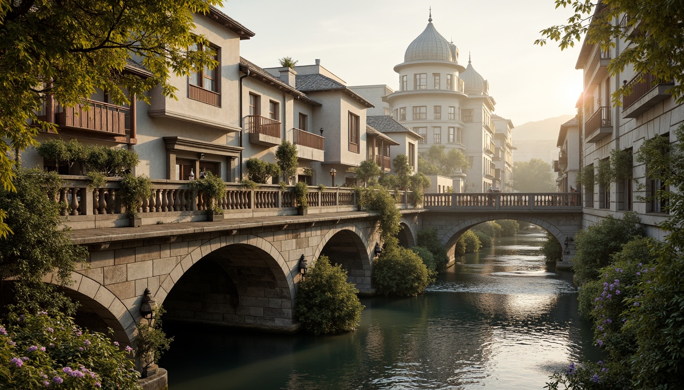 Prompt: Ancient stone bridges, ornate balustrades, rustic arches, weathered stonework, moss-covered piers, tranquil water reflections, serene riverbanks, lush greenery, vibrant flowers, historic lamp posts, decorative ironwork, grandiose entranceways, symmetrical composition, warm golden lighting, soft misty atmosphere, 1/2 composition, realistic textures, ambient occlusion.