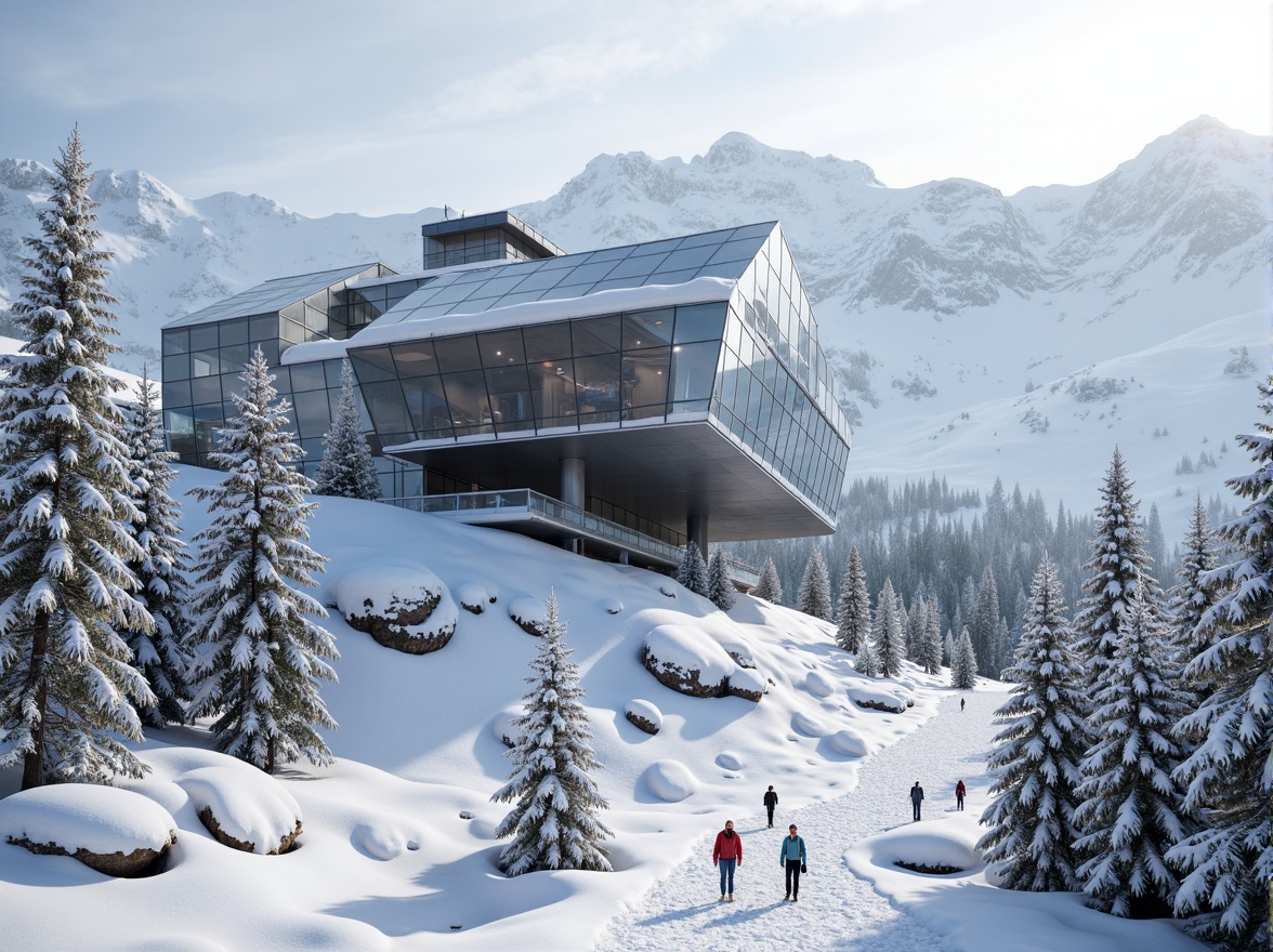 Prompt: Snow-capped mountains, frosty pine trees, icy slopes, ski lifts, modern deconstructivist architecture, fragmented facade design, irregular shapes, bold angular lines, metallic materials, glass panels, cantilevered roofs, asymmetrical compositions, dynamic lighting effects, misty atmosphere, shallow depth of field, 1/2 composition, dramatic shadows, realistic textures, ambient occlusion.