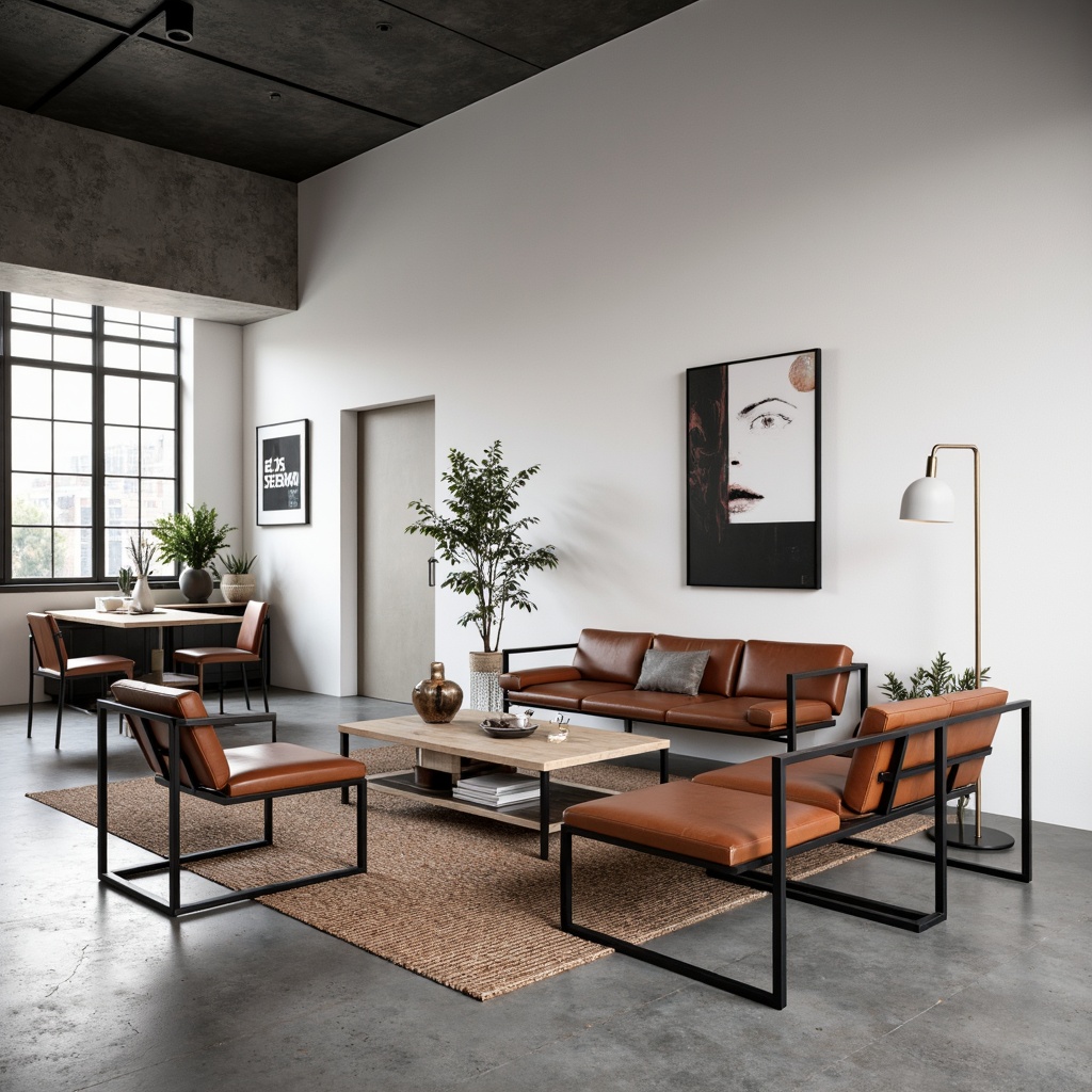 Prompt: Minimalist interior, functional furniture, industrial materials, steel frames, leather upholstery, geometric shapes, primary color palette, natural light, open floor plan, modular design, clean lines, simplicity emphasis, decorative minimalism, modernist aesthetic, urban loft atmosphere, concrete floors, metal accents, bold typography, graphic patterns, abstract artwork, functional decor, 1/1 composition, high contrast lighting, shallow depth of field.