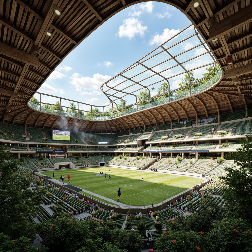 Prompt: Transparent stadium roof, lush greenery, organic curves, natural ventilation, earthy tones, reclaimed wood accents, living walls, bio-inspired columns, undulating seating areas, dynamic lighting systems, misting cooling technologies, panoramic views, shallow depth of field, 3/4 composition, realistic textures, ambient occlusion, vibrant athletic tracks, modern scoreboard displays, sleek athlete sculptures, eco-friendly materials, sustainable energy solutions.