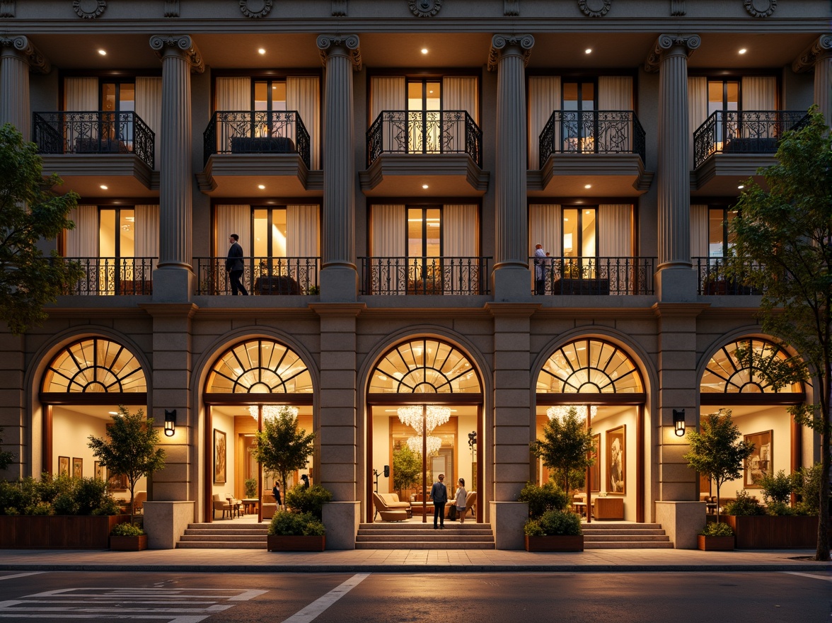 Prompt: Grand hotel entrance, ornate columns, symmetrical facade, rusticated base, arched windows, balconies with intricate metalwork, neoclassical details, luxurious materials, marble floors, crystal chandeliers, opulent furnishings, lavish decor, warm golden lighting, shallow depth of field, 1/1 composition, realistic textures, ambient occlusion, urban cityscape, busy streets, vibrant nightlife, evening atmosphere.