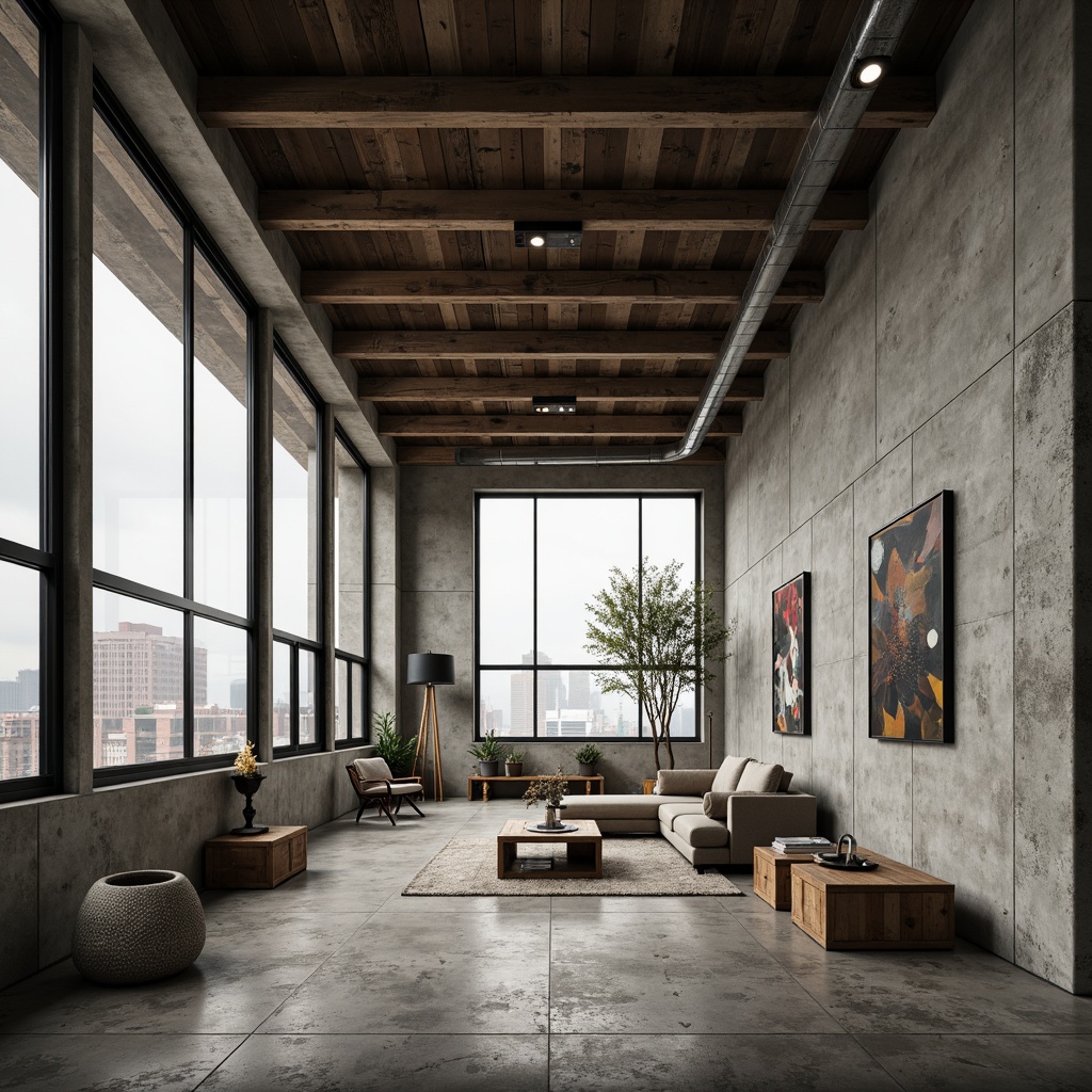 Prompt: Exposed concrete walls, rugged stone floors, industrial metal beams, raw wooden accents, minimalist decor, brutalist architectural style, urban loft atmosphere, high ceilings, large windows, natural light, cityscape views, functional simplicity, monochromatic color scheme, distressed textures, rough-hewn wood furniture, steel lighting fixtures, industrial-style pipes, concrete columns, brutalist-inspired sculptures, abstract artwork, moody ambient lighting, shallow depth of field, 2/3 composition, cinematic framing.