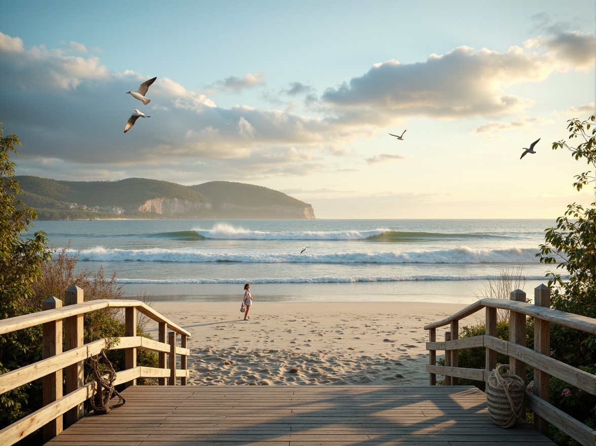 Prompt: Sandy beach, ocean waves, seagulls flying, driftwood accents, weathered wooden decks, nautical ropes, sailboat-inspired railings, calming blue-green color palette, soft pastel hues, creamy whites, warm beige tones, natural textures, woven fibers, sea-salt air, misty mornings, golden sunrises, dramatic cloud formations, 1/2 composition, atmospheric perspective, subtle gradient maps, realistic ocean simulations.