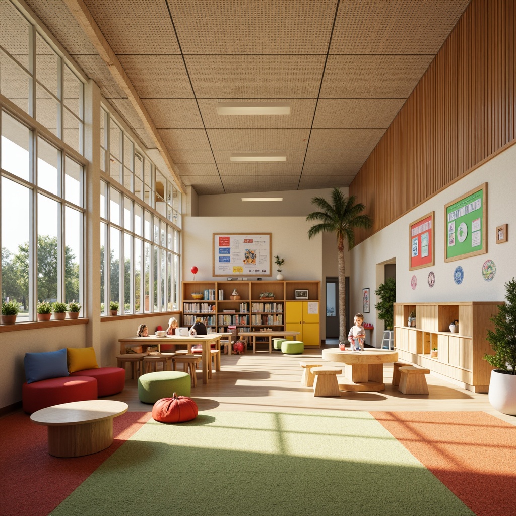 Prompt: Vibrant elementary school, colorful lockers, wooden classroom furniture, soft carpeted floors, acoustic ceiling tiles, natural stone walls, large windows, abundant daylight, eco-friendly materials, sustainable design, minimalist decor, collaborative learning spaces, interactive whiteboards, comfortable seating areas, playful kid-friendly textures, warm earthy tones, inviting atmosphere, shallow depth of field, 3/4 composition, realistic renderings.