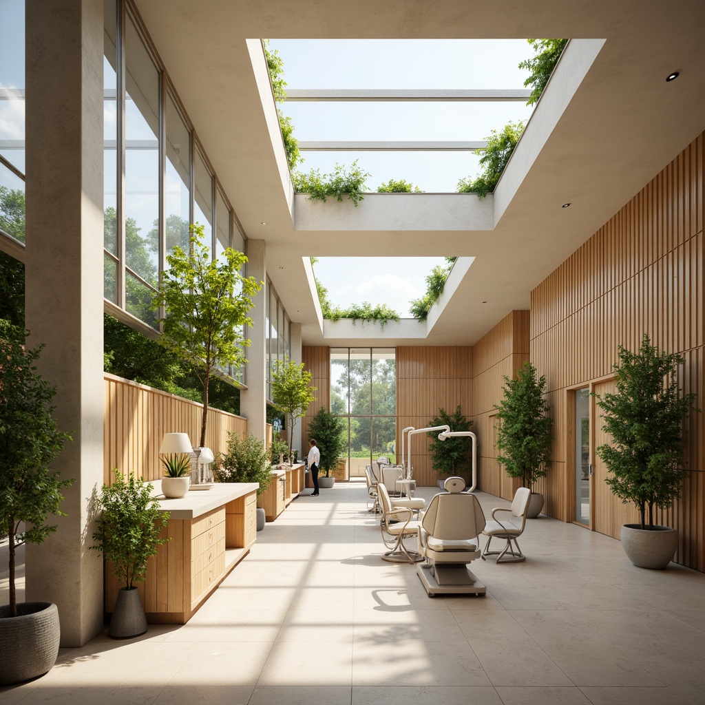 Prompt: Spacious dental clinic, natural ventilation systems, large windows, clerestory windows, skylights, green roofs, living walls, air-purifying plants, calming ambiance, soft diffused lighting, warm beige tones, minimalist decor, ergonomic furniture, stainless steel equipment, modern dental chairs, gentle color scheme, soothing atmosphere, shallow depth of field, 1/1 composition, realistic textures, ambient occlusion.