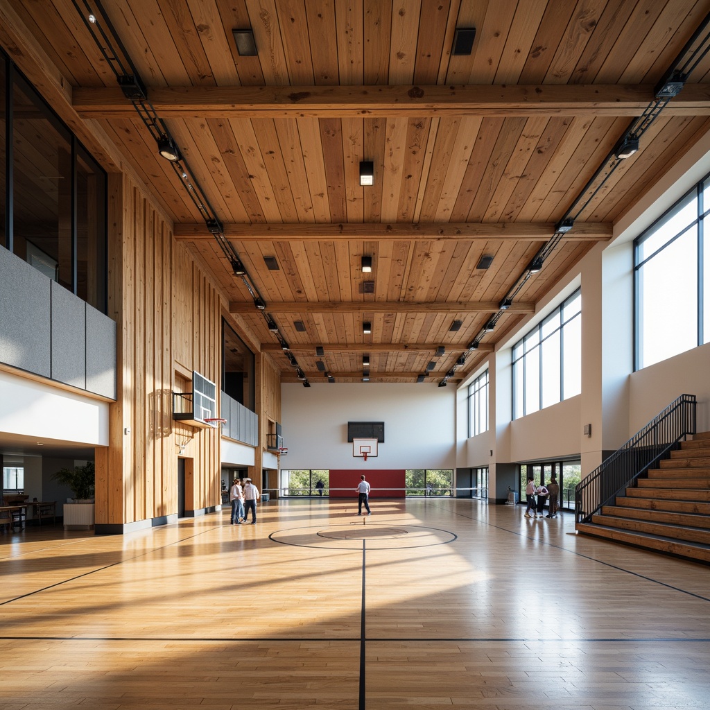 Prompt: Modern gymnasium interior, high ceilings, wooden flooring, sound-absorbing panels, acoustic ceiling tiles, reverberation control systems, echo-reducing materials, sports equipment, basketball hoops, volleyball nets, bleacher seating, natural light, large windows, transparent glass walls, minimal ornamentation, functional design, warm color scheme, soft indirect lighting, shallow depth of field, 1/2 composition, realistic textures, ambient occlusion.