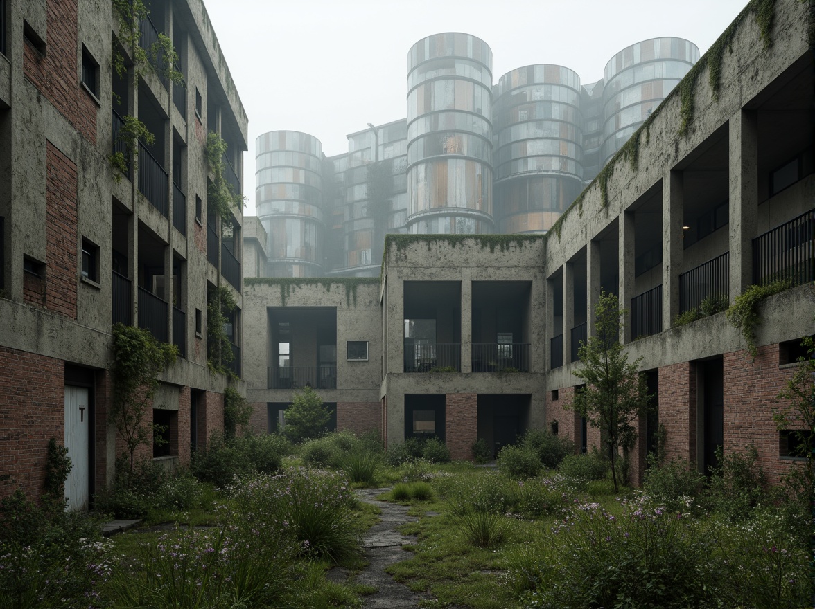 Prompt: Rugged brutalist architecture, raw concrete textures, fortress-like structures, overgrown vegetation, wildflowers, moss-covered walls, industrial landscapes, abandoned factories, crumbling brick facades, distressed metal accents, urban decay, post-apocalyptic atmosphere, dramatic lighting, low-angle shots, cinematic composition, gritty realistic renderings, atmospheric fog effects, misty mornings, eerie silence.