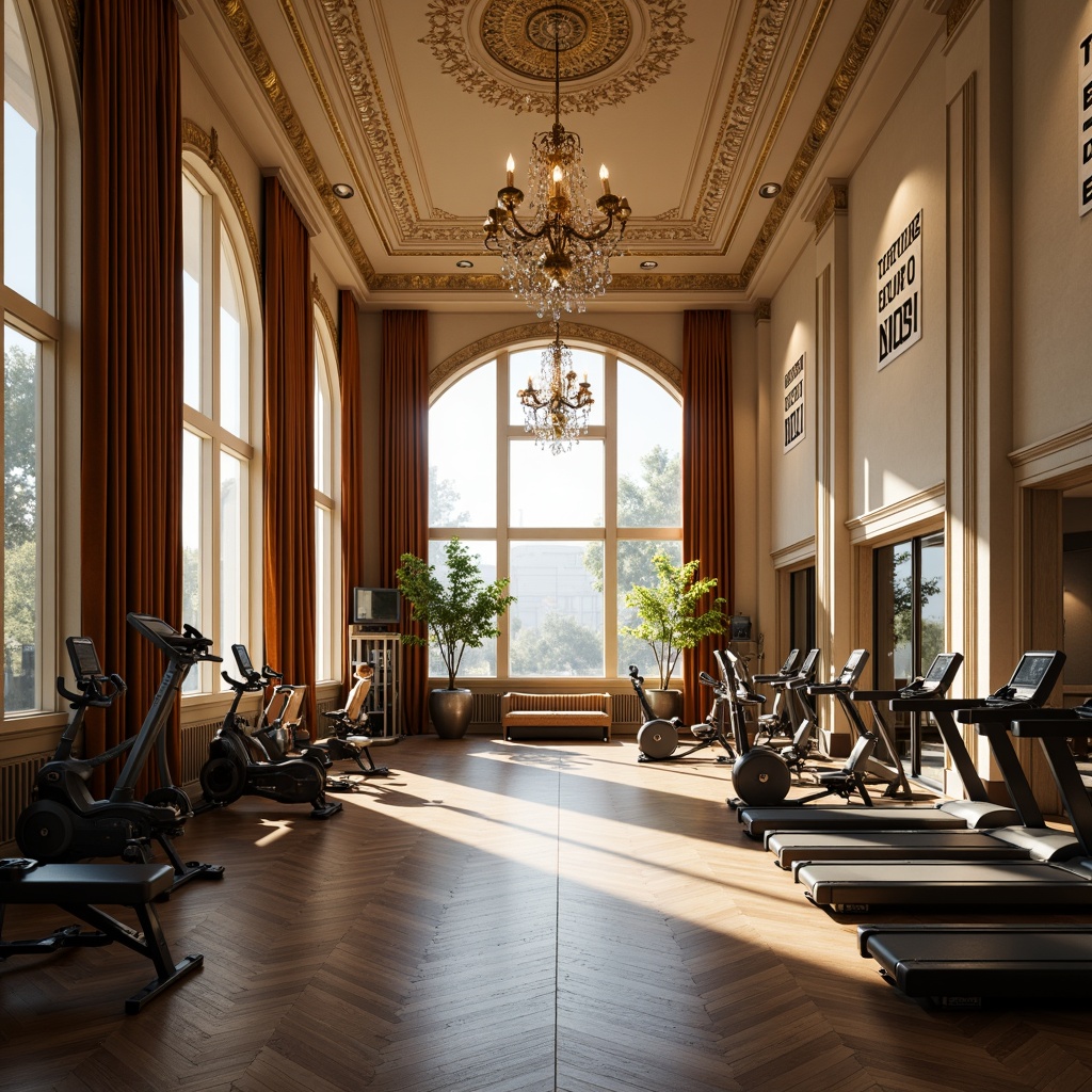 Prompt: Grandiose fitness club, ornate chandeliers, high ceilings, large windows, natural light pouring in, warm beige walls, dark wood flooring, intricate moldings, gilded accents, luxurious velvet drapes, state-of-the-art exercise equipment, free weights, treadmills, stationary bicycles, mirrored walls, motivational quotes, soft warm lighting, shallow depth of field, 1/1 composition, realistic textures, ambient occlusion.