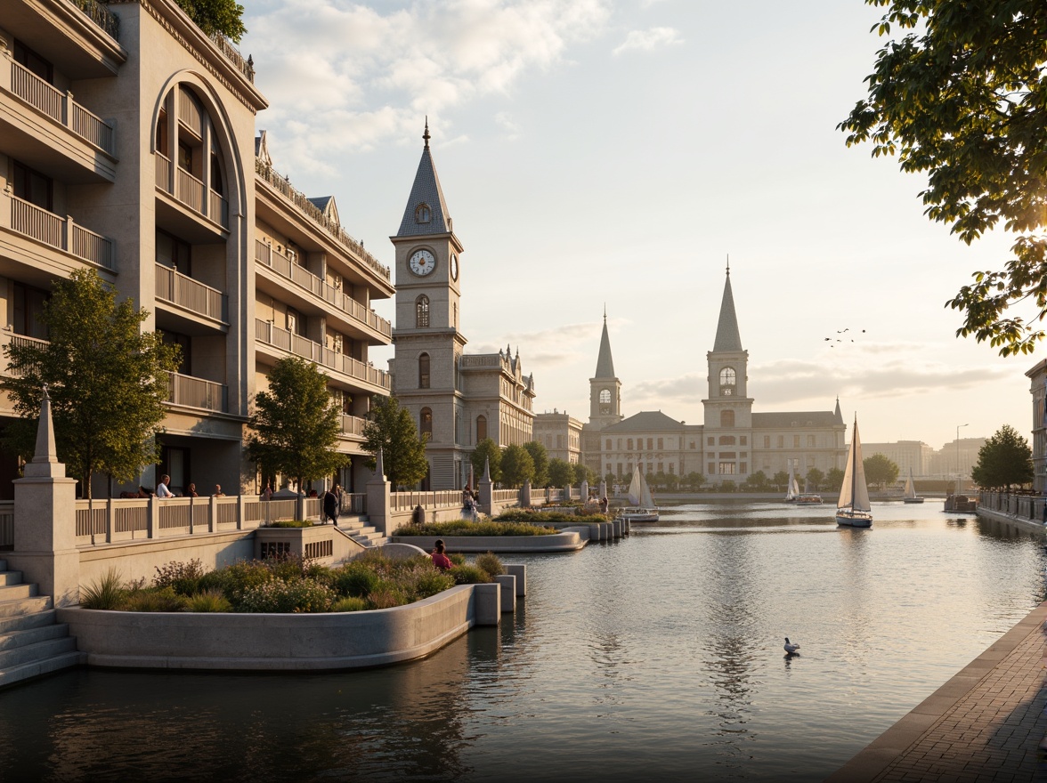 Prompt: Riverfront promenade, ornate balustrades, grandiose columns, symmetrical facades, classical arches, elegant cornices, limestone buildings, majestic clock towers, tranquil water reflections, sailboats, seagulls, misty morning atmosphere, warm golden lighting, shallow depth of field, 1/2 composition, panoramic view, realistic textures, ambient occlusion.