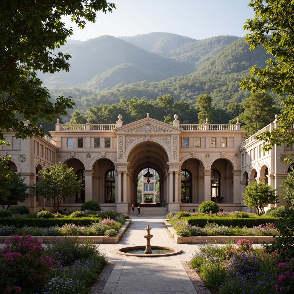 Prompt: Grand gymnasium, ornate Baroque fa\u00e7ade, sweeping arches, grandiose columns, intricate stone carvings, lavish fountains, lush greenery, vibrant flowers, majestic trees, rolling hills, serene natural surroundings, soft warm lighting, shallow depth of field, 3/4 composition, panoramic view, realistic textures, ambient occlusion, ornate iron gates, decorative lampposts, meandering walkways, tranquil atmosphere.