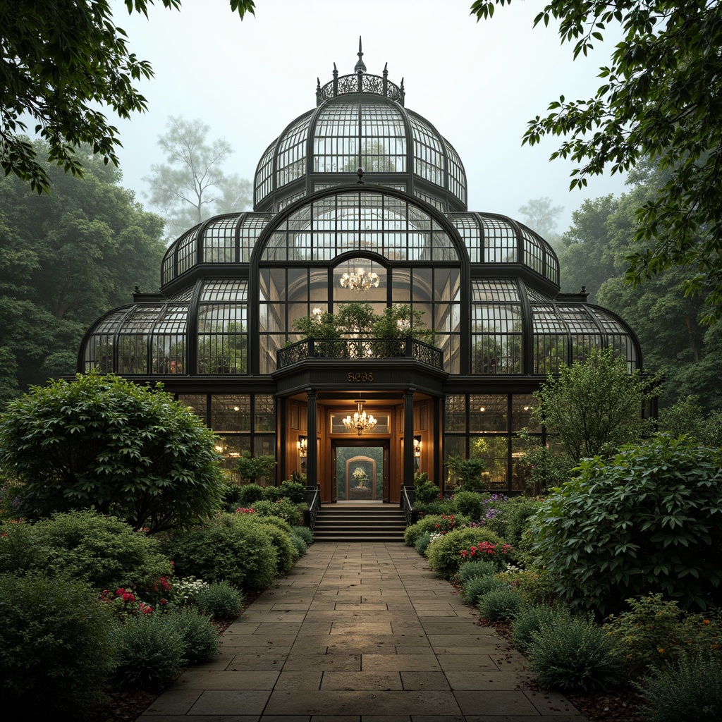 Prompt: Elegant greenhouse, ornate metal frames, lush greenery, exotic plants, Victorian-era inspired architecture, intricate glass details, curved lines, symmetrical facades, grand entranceways, decorative finials, ornamental ridges, natural stone foundations, rustic wooden accents, soft warm lighting, misty atmosphere, shallow depth of field, 1/1 composition, realistic textures, ambient occlusion.