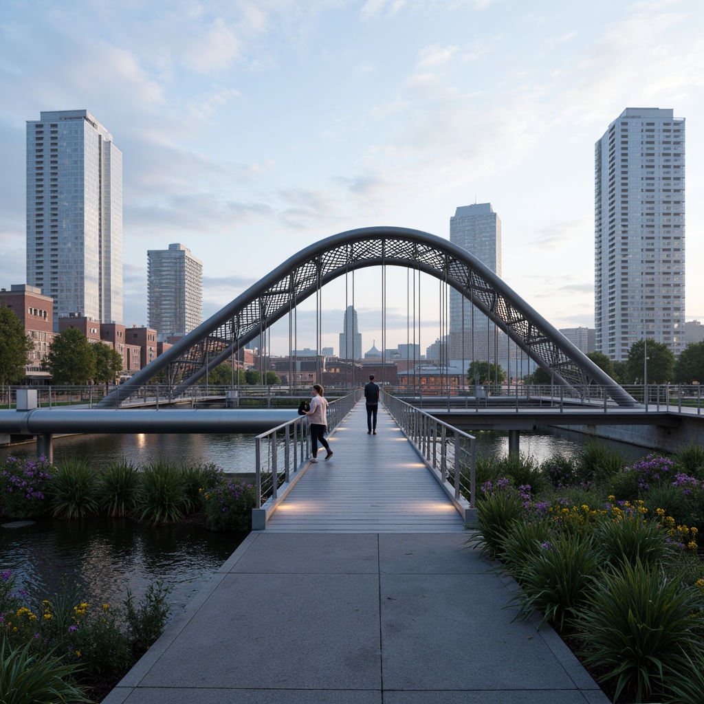 Prompt: Sleek aluminium pedestrian bridge, modern minimalist design, silver metallic latticework, curved lines, futuristic architecture, urban cityscape, misty morning atmosphere, soft warm lighting, shallow depth of field, 3/4 composition, panoramic view, realistic reflections, ambient occlusion, industrial materials, functional simplicity, structural elegance, pedestrian traffic flow, safety railings, LED lighting systems, nighttime illumination, riverbank scenery, waterfront promenade, lush greenery, vibrant flowers.