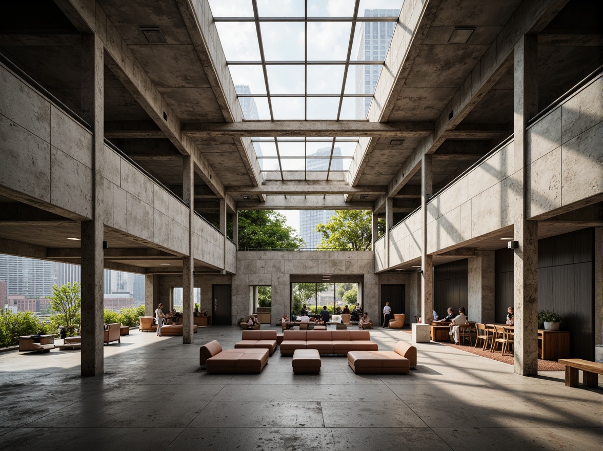 Prompt: Rugged community center, brutalist architecture, raw concrete walls, exposed ductwork, industrial metal beams, natural light pouring in, large skylights, clerestory windows, urban landscape views, gritty cityscape, overcast sky, soft diffused lighting, high contrast shadows, dramatic architectural angles, bold structural elements, minimalist interior design, functional simplicity, communal gathering spaces, reclaimed wood accents, earthy color palette, organic textures, 3/4 composition, cinematic framing, realistic render.