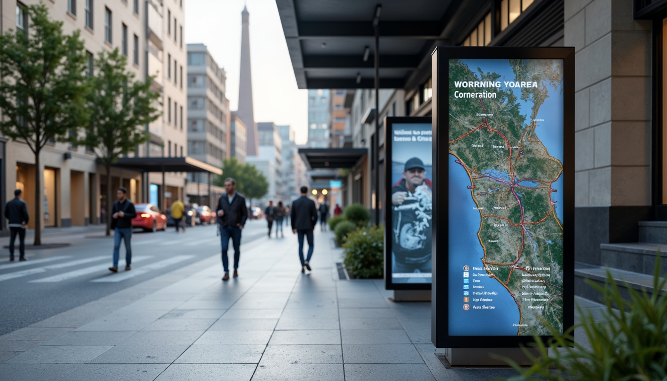 Prompt: Modern wayfinding signage, sleek metal frames, digital displays, interactive kiosks, clear typography, vibrant color schemes, intuitive navigation, pedestrian-friendly infrastructure, urban cityscape, bustling streets, morning commute, soft natural lighting, shallow depth of field, 1/1 composition, realistic textures, ambient occlusion.