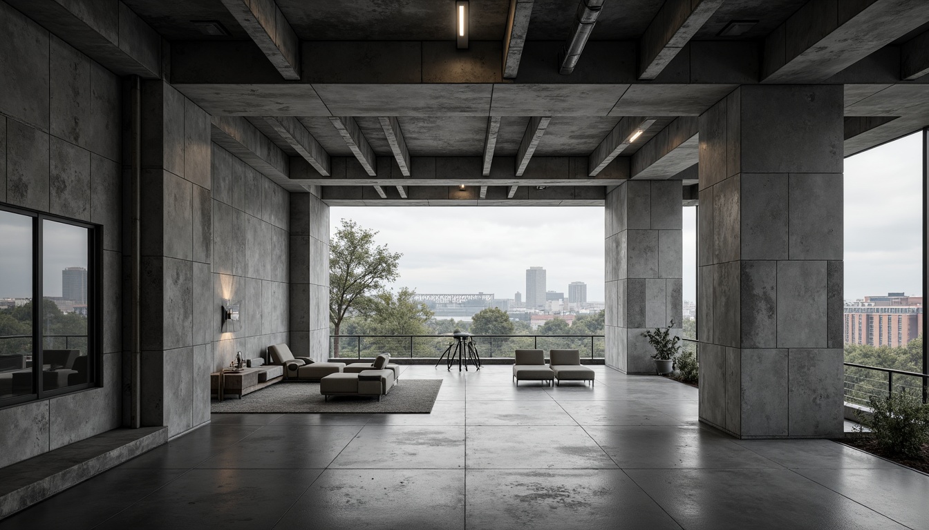 Prompt: Raw concrete walls, exposed ductwork, industrial pipes, metal beams, minimalist decor, functional furniture, monochromatic color scheme, cold harsh lighting, dramatic shadows, brutalist architecture, fortress-like structure, angular lines, rugged textures, urban landscape views, cityscape backdrop, overcast sky, moody atmosphere, high contrast ratio, 1/1 composition, symmetrical framing, realistic render.