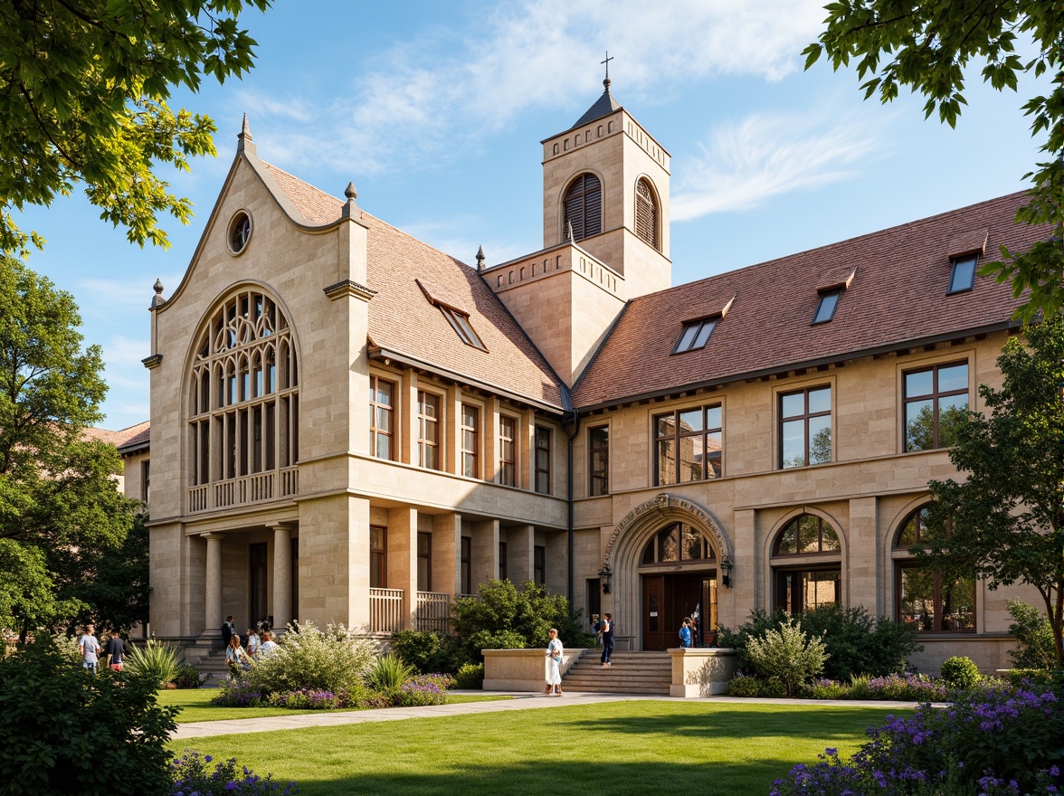 Prompt: Grand university building, ornate roof tiling, Gothic arches, ribbed vaults, flying buttresses, stained glass skylights, intricate stone carvings, classical columns, symmetrical fa\u00e7ade, imposing clock tower, lush greenery, vibrant flowers, sunny day, soft warm lighting, shallow depth of field, 3/4 composition, panoramic view, realistic textures, ambient occlusion.