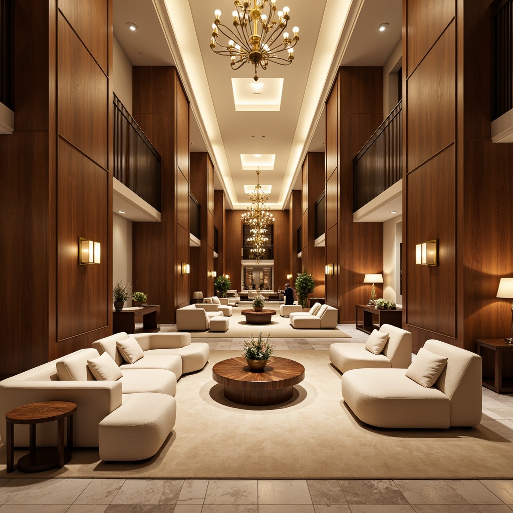 Prompt: Luxurious hotel lobby, rich wood accents, warm beige tones, soft cream hues, velvety upholstery, metallic gold fixtures, elegant chandeliers, natural stone flooring, ambient warm lighting, shallow depth of field, 3/4 composition, panoramic view, realistic textures, inviting atmosphere.