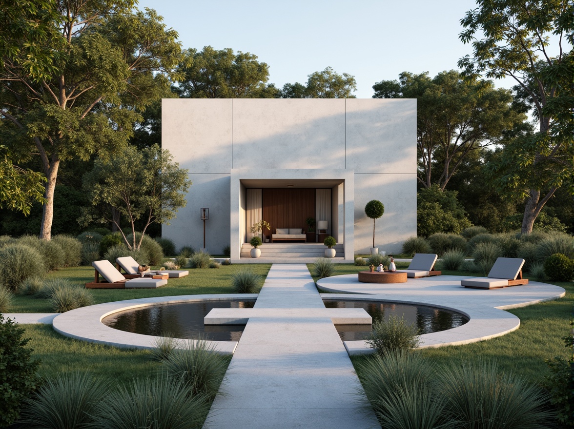 Prompt: Soothing light gray facade, minimalist spiritual architecture, serene natural surroundings, lush greenery, peaceful water features, gentle misting systems, warm ambient lighting, shallow depth of field, 1/1 composition, realistic textures, subtle material reflections, calming atmosphere, modern spiritual symbols, simple clean lines, eco-friendly materials, sustainable building practices, natural stone accents, wooden meditation benches, soft cushions, calming color palette, gentle curves, harmonious proportions.