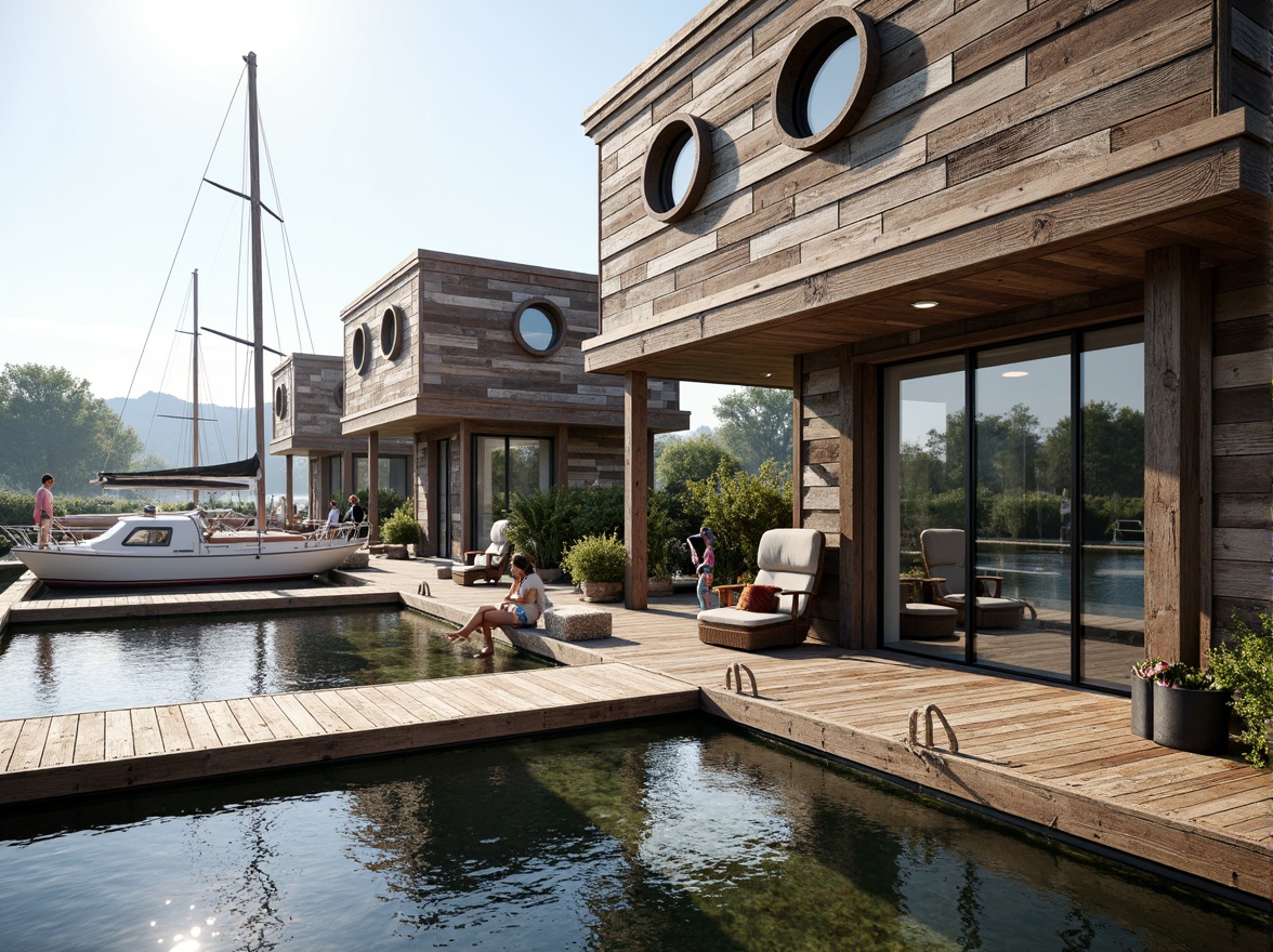 Prompt: Weathered wood accents, rustic metal cladding, nautical-themed decorations, waterfront location, serene lake views, sailboat-inspired design, modern boathouse architecture, large windows, sliding glass doors, wooden docks, rope railings, porthole windows, marine-grade materials, ocean-inspired color palette, sunny day, soft warm lighting, shallow depth of field, 3/4 composition, panoramic view, realistic textures, ambient occlusion.