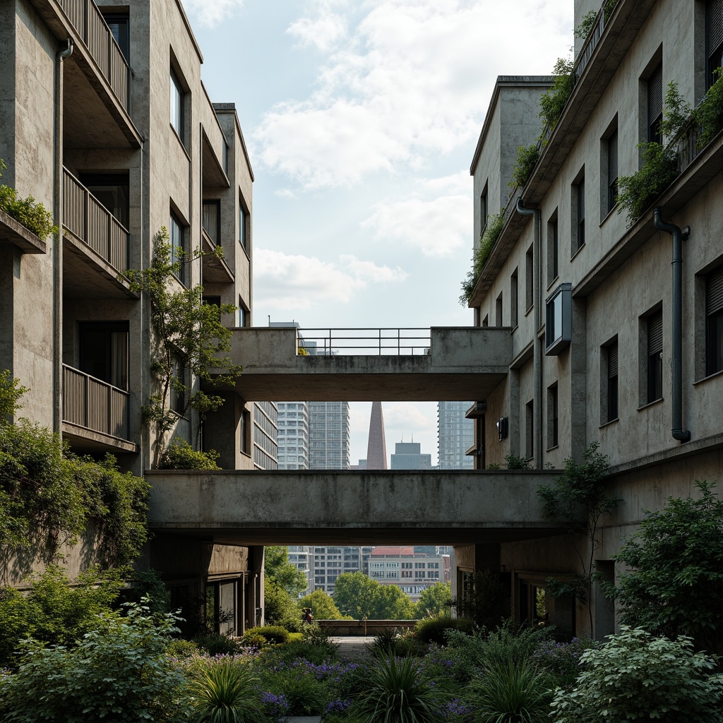 Prompt: Rugged brutalist buildings, raw concrete textures, fortress-like structures, overgrown vegetation, wildflowers, moss-covered walls, weathered steel beams, industrial materials, urban landscape integration, cityscape views, elevated walkways, cantilevered sections, dramatic shadows, harsh natural light, 1/1 composition, symmetrical framing, high-contrast colors, gritty realistic textures, ambient occlusion.