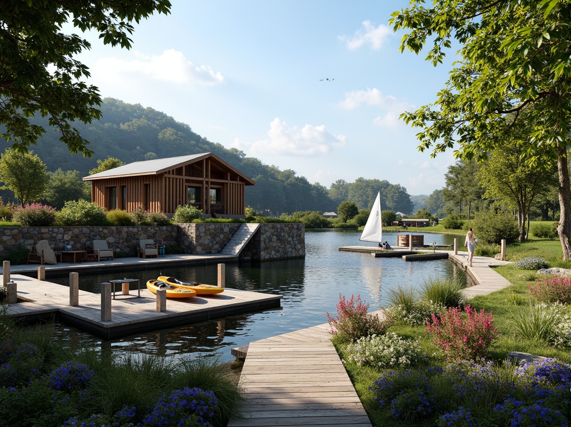 Prompt: Waterfront boathouse, rustic wooden docks, serene lake views, lush greenery, vibrant flowers, natural stone walls, wooden accents, nautical decorations, sailboats, kayaks, paddleboards, tranquil atmosphere, warm sunny day, soft diffused lighting, shallow depth of field, 3/4 composition, panoramic view, realistic textures, ambient occlusion.