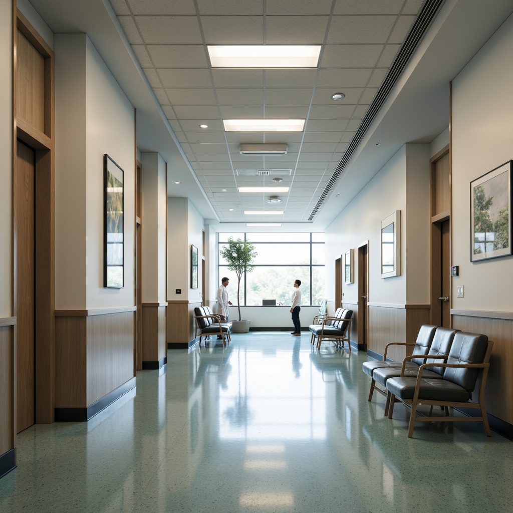 Prompt: Sleek hospital corridors, polished floors, minimalist decor, calming color schemes, natural light, floor-to-ceiling windows, modern medical equipment, stainless steel surfaces, ergonomic furniture, comfortable waiting areas, soothing artwork, subtle textures, ambient lighting, shallow depth of field, 1/1 composition, realistic renderings, soft focus, warm color tones, peaceful atmosphere.