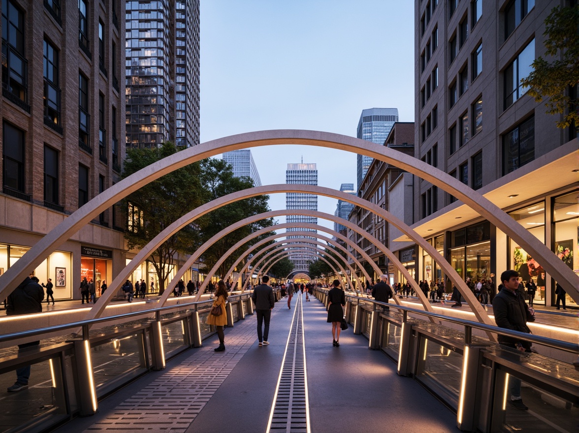 Prompt: Futuristic pedestrian bridge, sleek metal railings, translucent glass floors, LED lighting strips, dynamic arches, suspended walkways, urban cityscape, bustling streets, modern skyscrapers, vibrant street art, eclectic crowd, warm evening ambiance, soft golden lighting, shallow depth of field, 1/2 composition, realistic reflections, ambient occlusion, durable stainless steel, weathered wood accents, high-strength concrete piers, cantilevered sections, minimalist support columns.