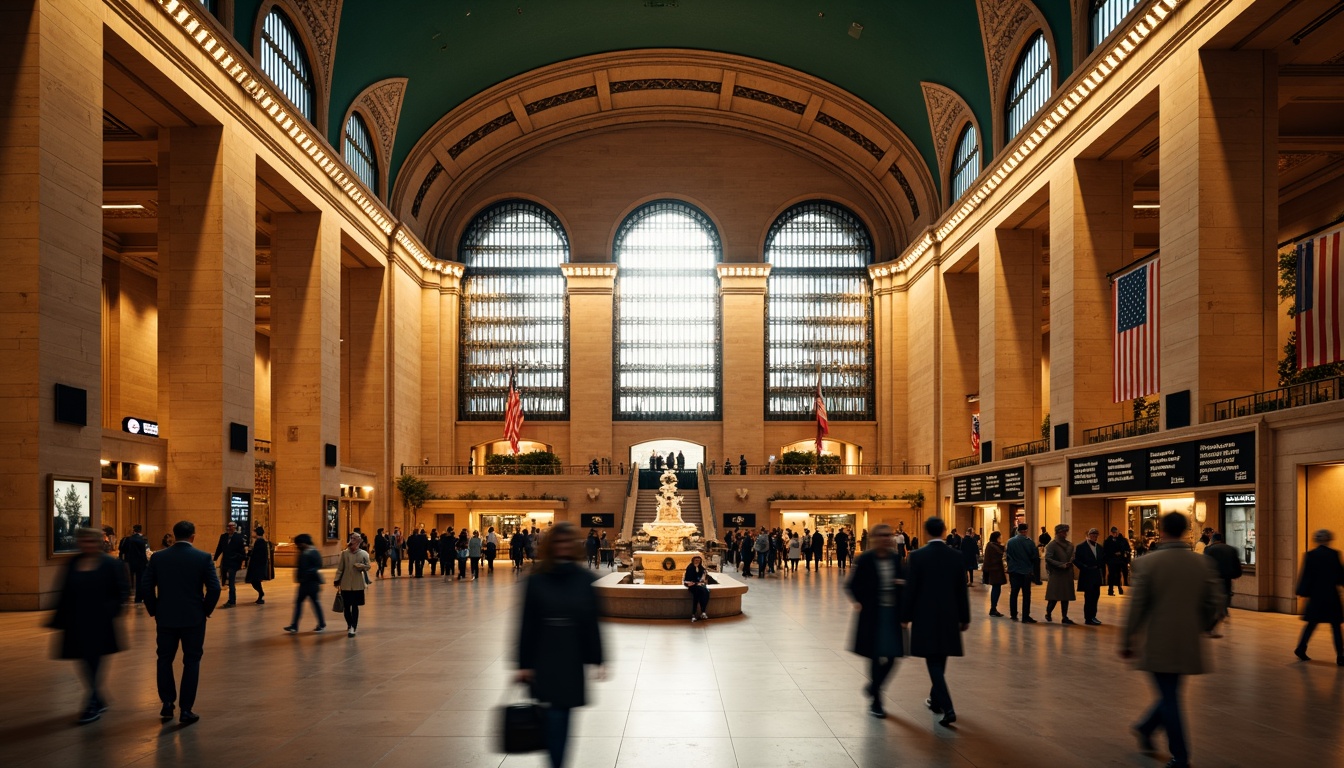 Prompt: Grand central station, ornate metalwork, intricate stonework, vaulted ceilings, majestic archways, elegant chandeliers, refined wooden accents, luxurious textiles, sophisticated signage, bustling atmosphere, morning rush hour, warm golden lighting, shallow depth of field, 1/2 composition, symmetrical framing, realistic reflections, ambient occlusion.