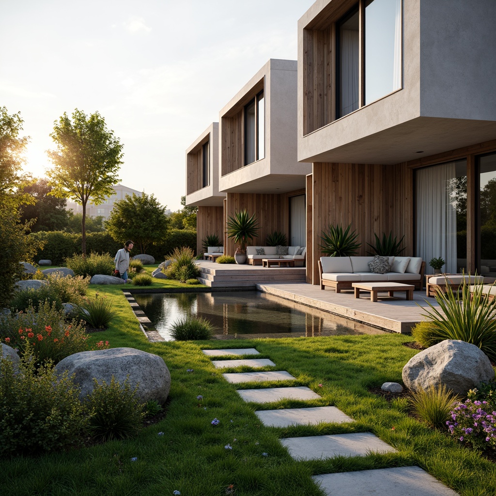 Prompt: Sleek modern villas, lush green lawns, vibrant flowerbeds, meandering stone pathways, tranquil water features, natural rock formations, wooden decks, outdoor seating areas, minimalist garden ornaments, ambient lighting, warm sunset glow, shallow depth of field, 1/1 composition, realistic textures, soft focus effect.