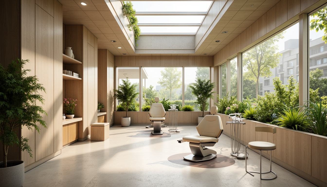 Prompt: Spacious dental clinic, natural ventilation systems, large windows, clerestory windows, skylights, green roofs, living walls, air-purifying plants, calming ambiance, soft diffused lighting, warm beige tones, minimalist decor, ergonomic furniture, stainless steel equipment, modern dental chairs, gentle color scheme, soothing atmosphere, shallow depth of field, 1/1 composition, realistic textures, ambient occlusion.