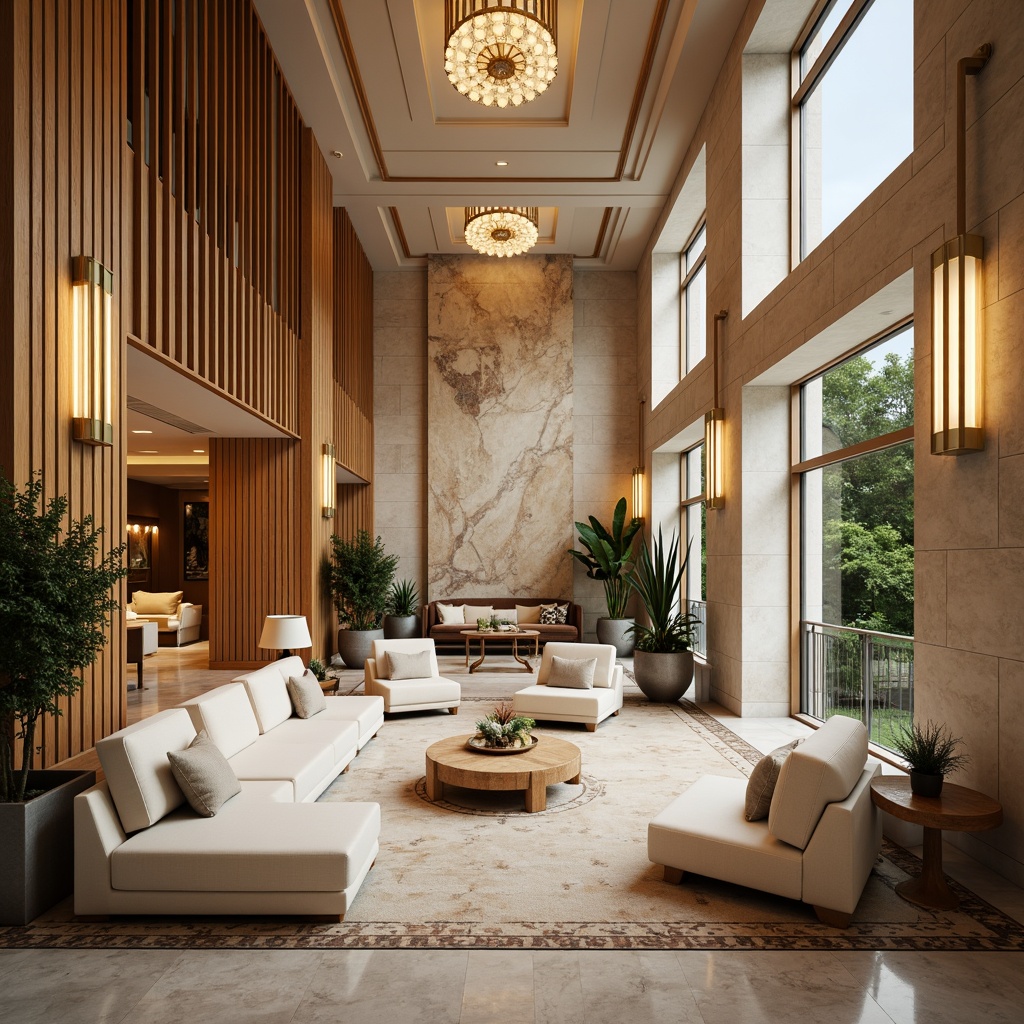 Prompt: Luxurious hotel lobby, rich wood accents, warm beige tones, soft cream hues, velvety upholstery, metallic gold fixtures, elegant chandeliers, sophisticated marble floors, lavish greenery, natural stone walls, floor-to-ceiling windows, abundant natural light, warm ambient lighting, shallow depth of field, 3/4 composition, realistic textures, ambient occlusion.