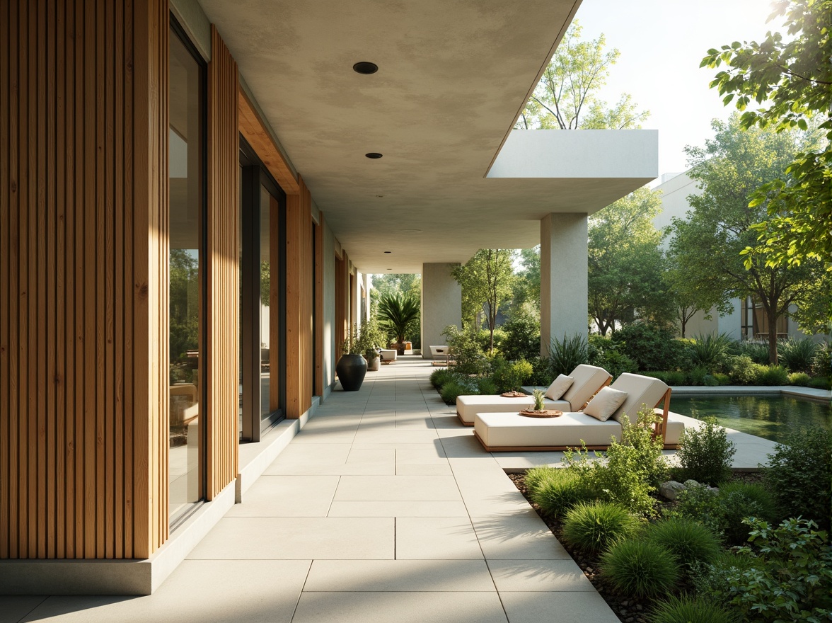 Prompt: Soft light green accents, calming atmosphere, natural materials, wooden textures, earthy tones, serene ambiance, minimalist design, modern architecture, floor-to-ceiling windows, sliding glass doors, lush greenery, vibrant plants, peaceful courtyard, warm sunny day, soft diffused lighting, shallow depth of field, 3/4 composition, realistic renderings, ambient occlusion.