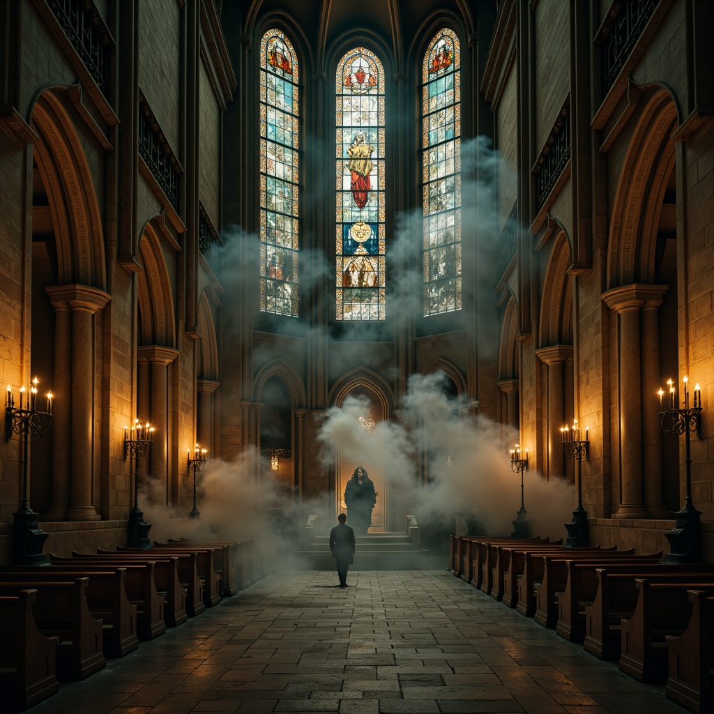 Prompt: Mysterious Gothic cathedral, khaki stone walls, ornate carvings, stained glass windows, grandiose vaulted ceilings, intricate archways, mystical ambiance, warm candlelight, eerie shadows, mysterious fog, misty atmosphere, dramatic lighting, 1/2 composition, low-angle shot, cinematic mood, rich textures, subtle grain.