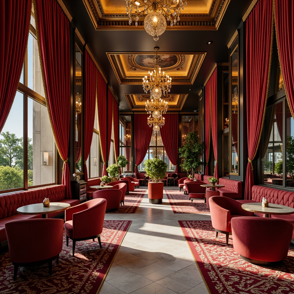 Prompt: Luxurious Art Deco interior, rich velvet fabrics, metallic accents, ornate mirrors, polished marble floors, geometric patterns, bold color schemes, opulent chandeliers, lavish furnishings, intricate moldings, glamorous metallic leafing, sophisticated ambient lighting, 3/4 composition, shallow depth of field, realistic textures, ambient occlusion.