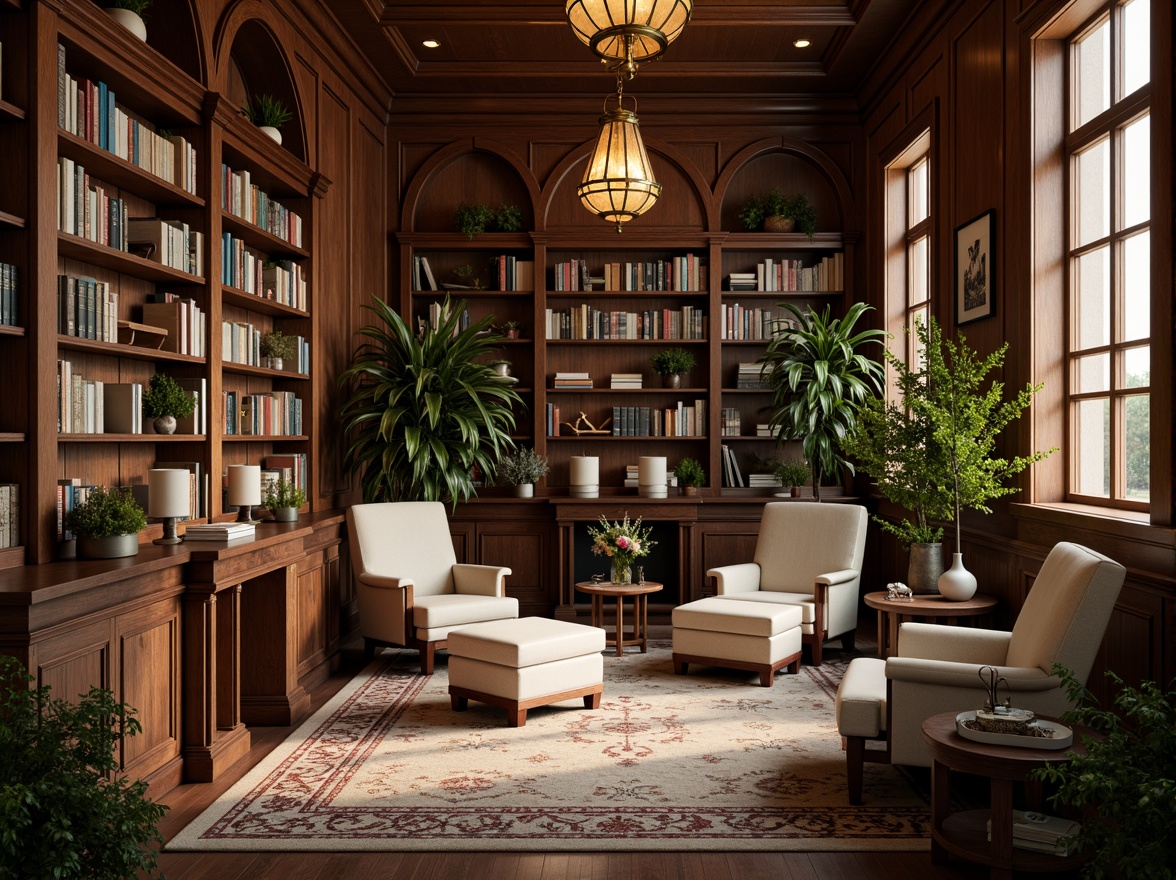 Prompt: Cozy library atmosphere, warm wooden shelves, comfortable reading nooks, soft cushioned chairs, rich leather-bound books, elegant chandeliers, subtle natural light, earthy tone color palette, soothing sage greens, muted terracotta reds, creamy whites, dark walnut wood accents, vintage metal lanterns, ornate wooden paneling, plush area rugs, warm golden lighting, shallow depth of field, 2/3 composition, realistic textures, ambient occlusion.