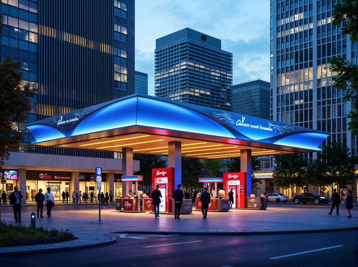 Prompt: Vibrant gas station, bold color scheme, neon lights, futuristic architecture, sleek metal canopies, modern fuel pumps, LED signage, dynamic angular lines, high-contrast colors, electric blue accents, bright yellow highlights, deep red tones, urban cityscape, busy streets, morning sunlight, shallow depth of field, 1/1 composition, realistic textures, ambient occlusion.