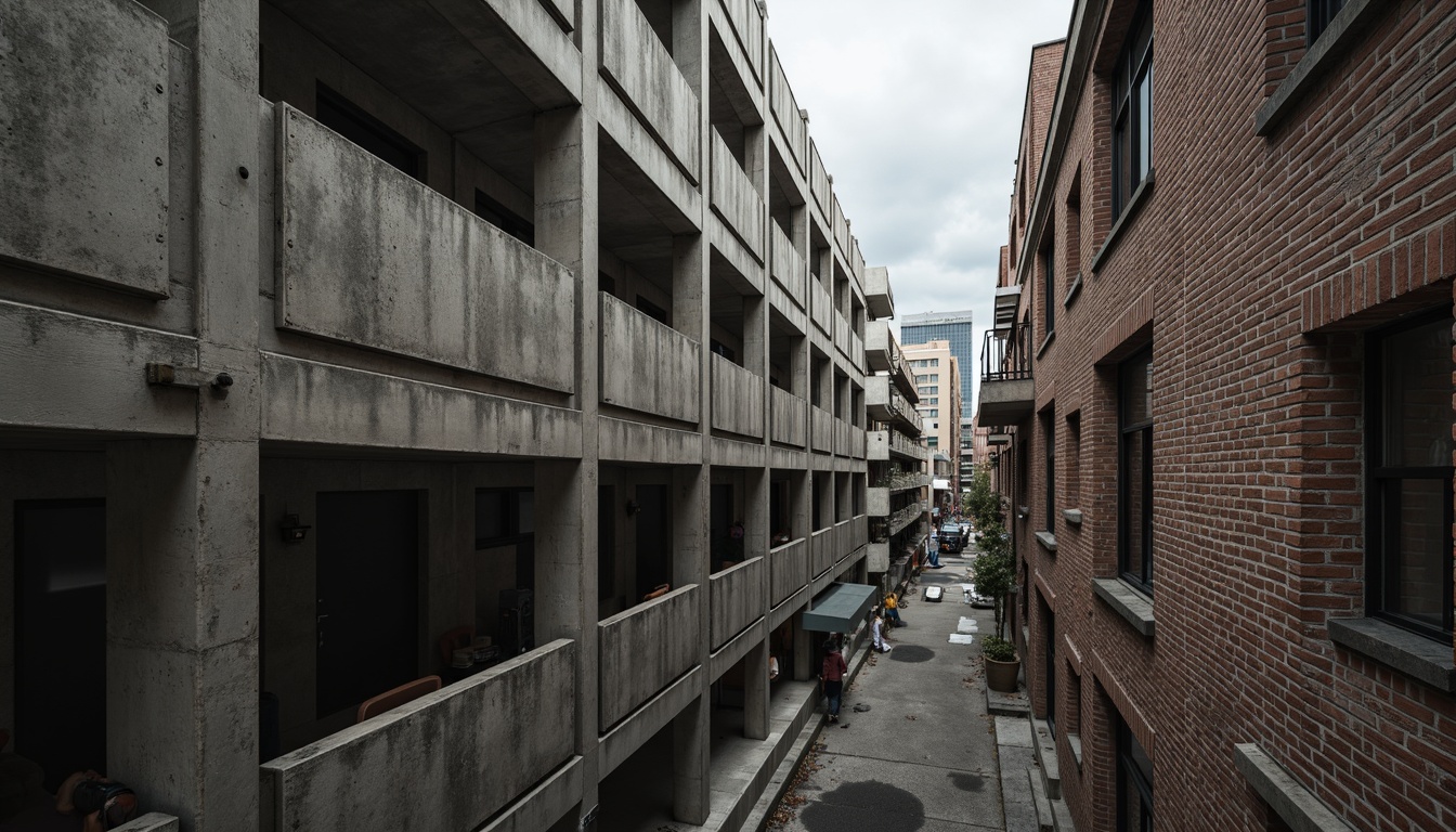 Prompt: Rough concrete walls, exposed ductwork, industrial metal beams, raw brick facades, weathered stone surfaces, distressed wood accents, brutalist monumentality, fortress-like structures, urban cityscape, overcast skies, dramatic shadows, high-contrast lighting, cinematic composition, gritty realistic textures, ambient occlusion.